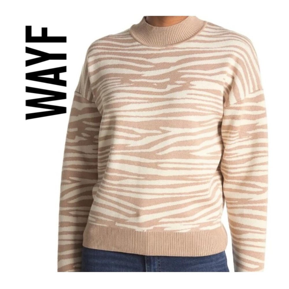 NEW WAYF Womens Beige Zebra Print Intarsia Mock Neck Pullover Sweater Cozy S & M